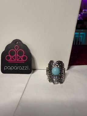paparazzi Silver Filigree Statement Ring with Turquoise Blue Cabochon